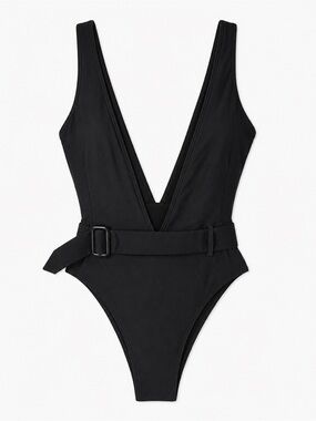 Matte Collection Black Belted One-Piece Swimsuit – Size Medium